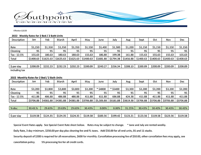 Weekly Rates for 2 Bed/2 Bath Units
